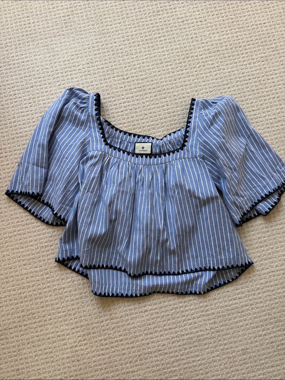 Tuckernuck Blue and White Striped Peasant Top with Black Trim